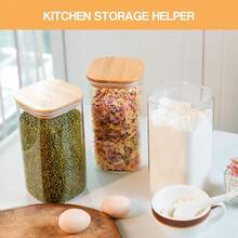 6PCS Glass Storage Jars, 37oz Clear Glass Food Storage Container With Sealed Bamboo Lid Stackable Kitchen Jars For Candy, Biscuits, Rice, Sugar, Flour, Pasta, Nuts & Spice Jars (Square)