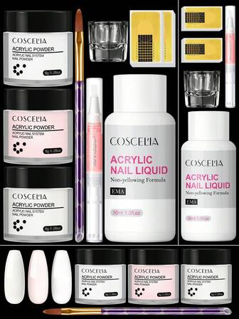 coscelia 9PCS Acrylic Powder & 30ML EMA Liquid System Set, 8G Pink Clear White Acrylic Powder With Nail Liquid Monomer For Women Manicure DIY Art Salon Gift