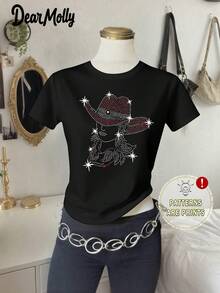 Camiseta gráfica de vaquera estilo occidental para mujer DEAR MOLLY, de cuello redondo y manga corta, con vibra festiva, adecuada para fiestas de primavera/verano, ropa de estilo occidental - Negro - Ver 2