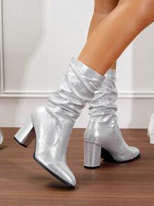 粗跟休闲靴圆头绒面革细高筒靴女式，新款秋冬中筒马靴带毛皮 - 銀色 - 查看 6