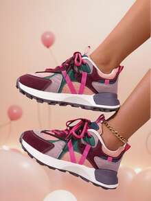 Women's Fashion Color Block Breathable Lace-Up Round Toe Sneakers, Chunky Sneaker