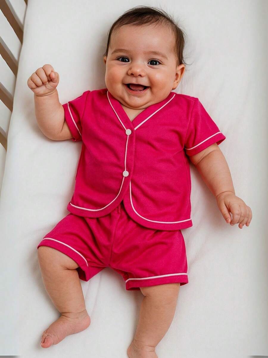 Pijama para Bebê Manga curta Baby Doll Americano Com Botão Conjunto Bebê menino Conjunto Bebê menina Primavera Verão Pijama infantil menino Pijama infantil menina - Pink - Visão 1