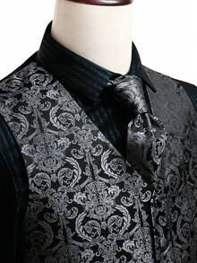 Plus Size Mens Waistcoat Grey Floral Vest Tuxedo Gilet Tie Pocket Square Cufflinks Set Wedding Formal Casual Business Party - 灰色 - 查看 5