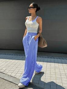 Wide Leg Striped Elastic Palazzo Pants With Pockets - azul real - Ver 3