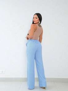 Wide Leg Striped Elastic Palazzo Pants With Pockets - 藍色 - 查看 5