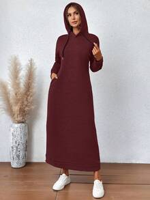 Side Pocket Drawstring Hooded Sweatshirt Dress - Burgundy - View 3