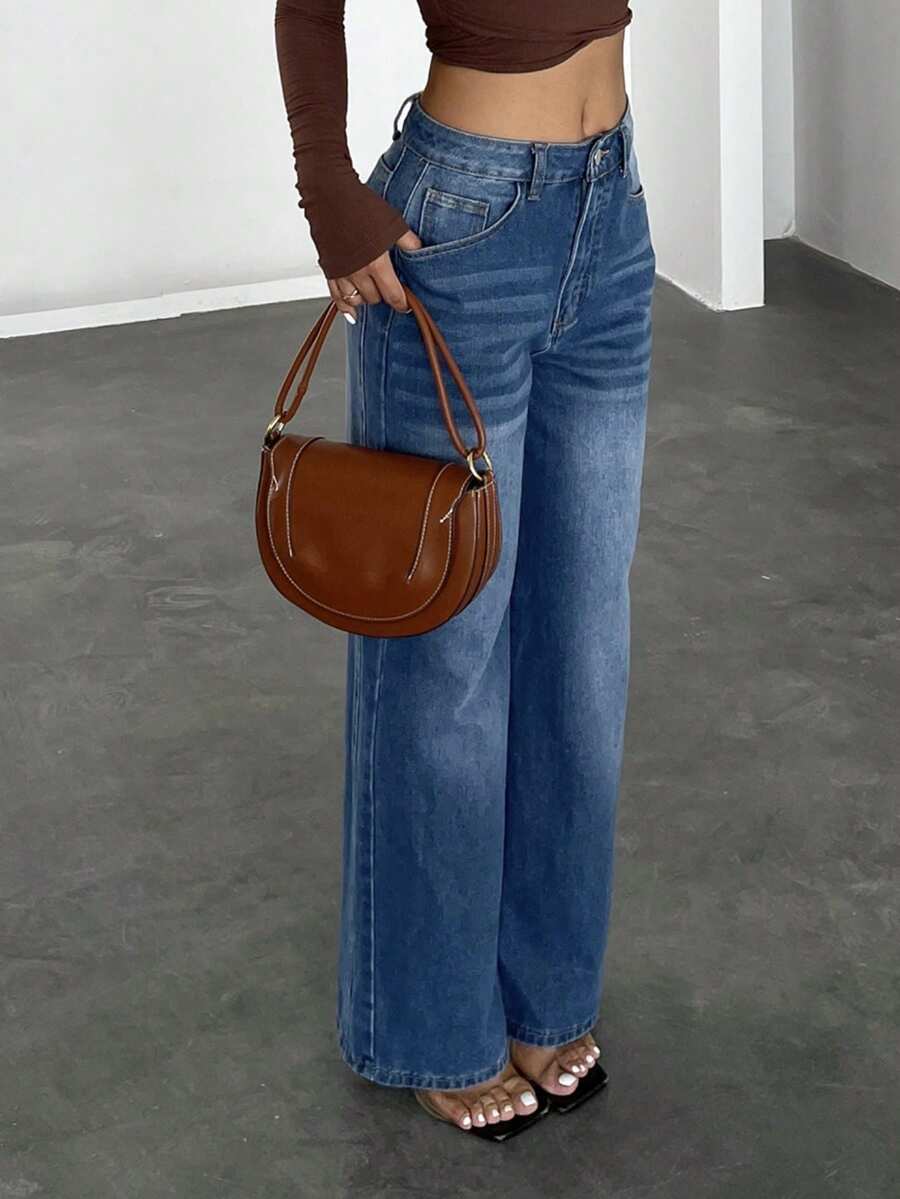 Quần jeans ống đứng thoải mái dành cho nữ, đa năng cho phong cách đi làm hàng ngày và dạo phố - Rửa tối - Xem 1