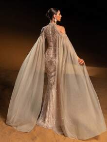 Faeriesty Haute Glamour Elegant Halter-Neck Mermaid Gown With Sheer Sleeves And Sparkly Sequin Beadwork – Fish-Scale Pattern, Long Flowing Train For Galas, Wedding Guest Attire, Upscale Parties & Red-Carpet Occasions For Women