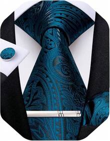 Conjunto de corbata de seda con estampado floral, incluye pinza de corbata, pañuelo y gemelos - Verde azulado y negro - Ver 1