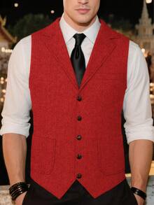 Retro Men's Western Cowboy Suit Vest Slim Fit V Neck Suede Leather Dress Vests Vintage Prom Wedding Casual Waistcoat - 紅色 - 查看 9