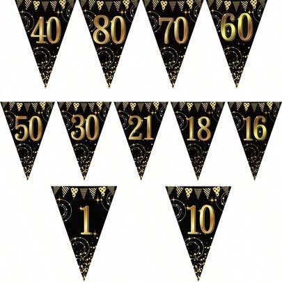 12pcs Gold Number 1, 10, 16, 18, 21, 30, 40, 50, 60, 70, 80 Triangle Pennant Flags, Indoor/Outdoor Decor, Suitable For Birthday Party, Adult Ceremony, Elderly Birthday, Family Celebration, Friends Gathering