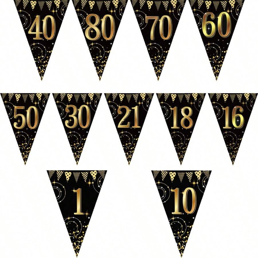 12 件金色数字 1、10、16、18、21、30、40、50、60、70、80 三角旗，室内/室外装饰，适合生日派对、成人仪式、老年人生日、家庭庆祝、朋友聚会