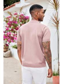 Men's Zipper Polo Shirt Casual Knit Short Sleeve Polo T Shirt Classic Fit Shirts - 寶藍色 - 查看 10