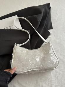 Túi xách nữ đa năng đính sequin hình lưỡi liềm kim loại màu trơn thời trang, túi tote, túi đi biển, túi đựng điện thoại thường ngày thời trang đính sequin - Màu be - Xem 8