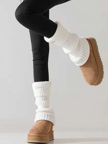 1 Pair Women's Cozy White Leg Warmers, Ribbed Knit Thermal Leg Warmers For Autumn/Winter - Multicolor - View 4