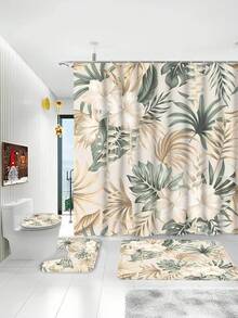 1pc Gold & Green Floral Waterproof Polyester Shower Curtain, Includes 12 Hooks, Bathroom Accessory & Decor Bathroom Decor