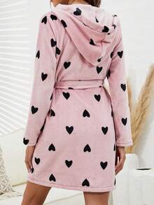 Women's Thick Flannel Bathrobe With Heart Print, Warm And Cozy. Double-Sided Fleece Hooded Bathrobe, Long Sleeve Sleepwear, Suitable For Bathroom, Bedroom, And Home Wear, Ideal For Keeping Warm In Winter.
