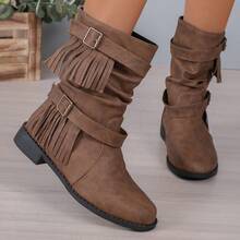Mid-Calf Women's Boots For Autumn/Winter 2025, European And American Style, Round Toe, Square Heel, Large Size, With Belt Buckle - C-1 Đen - Xem 4