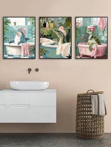3PCS Blue Ocean Theme Bathroom Wall Art Gator Dolphin And Sea Turtle In Bathtub Picture Wall Decor Tropical Coastal Animals Poster Canvas Print Artwork, Bedroom Decor, Living Room Decor, Office Decor, Dining Room Wall Decoration, Kitchen Decor, Study Room, Corridor, Dormitory Decoration, Bathroom Decor,Ideal Gift For Friends, Wall Arts, Wall Decor, Home Decor, Room Decor, Canvas Wall Art, Posters, Wall Art With Frame, Optional Frame ﻿ ﻿ - Multicolor - View 3