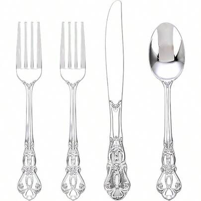 40PSC Silver Plastic Cutlery Vintage Silver Disposable Silverware Heavyweight Plastic Utensils With 20 Forks 10Knives 10 Spoons For Catering Parties Dinners And Weddings