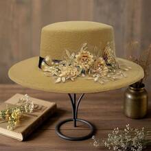 Womens Fedora Hat Stylish Elegant Decorative Flower Panama Hat Wide Flat Brim Jazz Cap - 卡其色 - 查看 4