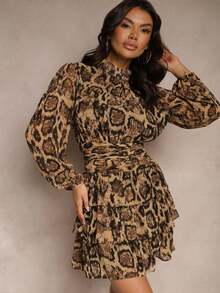 Leopard Print Flared Dress With Stand-Up Collar And Ruffles - Brown - View 4