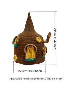 1 Piece Ladies' Hat Crochet Castle-Themed Hat With Yellow & Teal Accents, Brown Knitted Beanie For Cosplay & Winter Wear