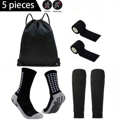 Set de 5 piezas de equipo de fútbol, que incluye bolsa con cordón impermeable, calcetines de fútbol antideslizantes, mangas para las piernas, vendaje deportivo autoadhesivo, mangas altas para las piernas para entrenamiento deportivo juvenil