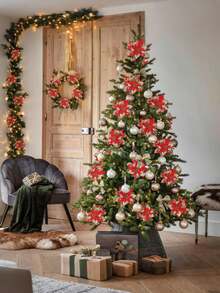 Fleur de Noël artificielle décorative rouge, scintillante, ornement pour sapin de Noël, décoration de couronne de fête d'hiver (or profond), convient pour la décoration de fête de Noël