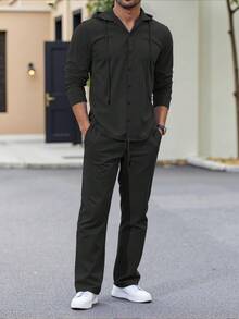 Spring And Autumn Men's Suit Loose Linen Hooded Long Sleeve Buttoned Shirt Trousers Casual Suit - màu đen - Xem 1