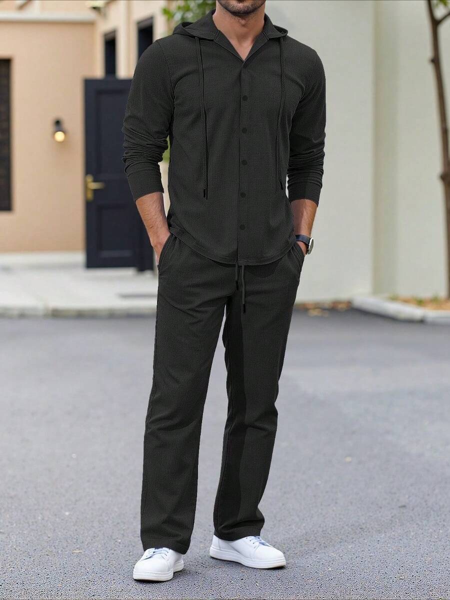 Spring And Autumn Men's Suit Loose Linen Hooded Long Sleeve Buttoned Shirt Trousers Casual Suit - màu đen - Xem 1