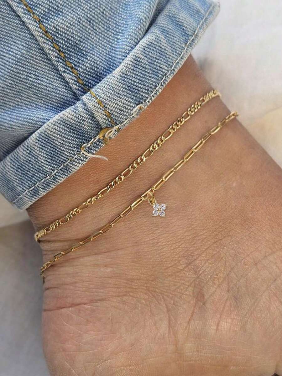 Tkool Set de 2 tobillleras, con colgante de trébol de cuatro hojas y cruz en cadena dorada, estilo de vacaciones casual y sencillo (cantidad de cadena y cuentas al azar)