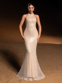 Faeriesty ​​ Glamour Elegant Faux Pearl Evening Gown With Halter-Neck High Collar | Sleeveless Slim Mermaid Dress Adorned With Densely Sparkling Faux Pearls For Wedding Ceremony, Luxury Party, High-Society Events​ For Women New Year Outfit Spring - Champagne - View 8