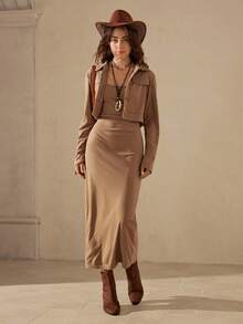 Wildy Flap Detail Crop Jacket & Cami Dress - Khaki - View 1