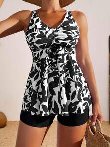 Top De Tirantes Y Bikini Con Estampado Tropical Para Mujer, Conjunto Trajes De Baño Mujer De Con Estampado Tropical,Y Pantalones Cortos,Traje De Baño De 2 Piezas - Negro - Ver 2