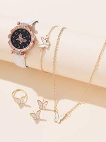 1pc Butterfly Print Dial Quartz Watch & 5pcs Jewelry Set - White - View 4