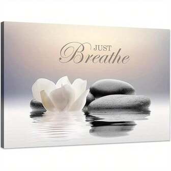 1pc Zen Stone Canvas Wall Art With Yoga Quote "Just Breathe", Framed Inspirational Poster For Spa, Bathroom, And Meditation Spaces, Modern White Lotus Flower For Tranquil Home Decor