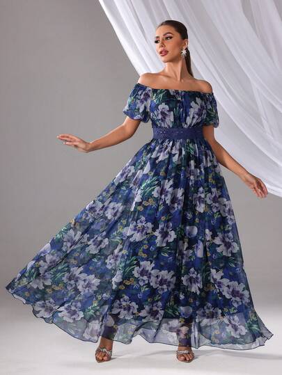 Women's Random Floral Print Elegant Off Shoulder Short Sleeve Maxi Dress With Waist Drawstring, Soft & Versatile For Vacation, Daily Wear