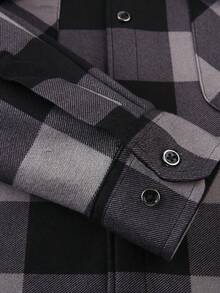 1pc Plaid Lined Hooded Button-Up Long Sleeve Casual Business Shirt, Warm For Men In Autumn/Winter - Grey - View 6