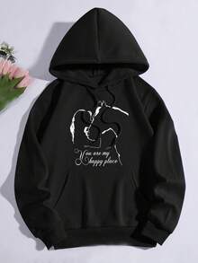 Girl And Horse Pattern  Pocket Hoodie, Casual Long Sleeve Drawstring Sweatshirt, Women's Clothing - 黑色 - 查看 1