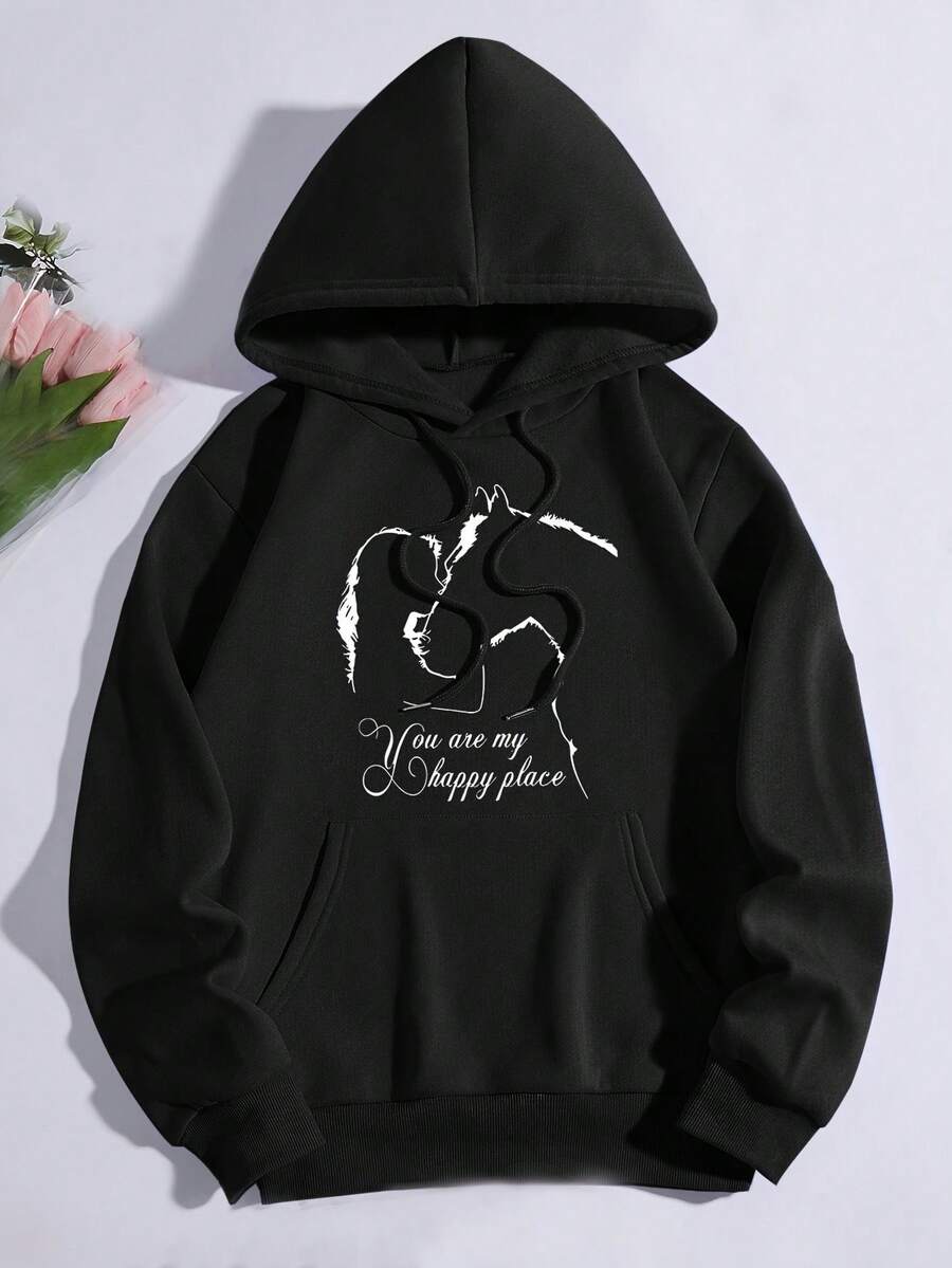 Girl And Horse Pattern  Pocket Hoodie, Casual Long Sleeve Drawstring Sweatshirt, Women's Clothing - 黑色 - 查看 1