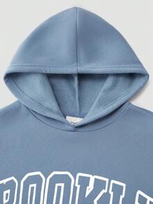 Nuova collezione autunno/inverno, felpa con cappuccio casual retrò e minimalista per ragazzi, oversize con spalle a caduta, morbida e confortevole, con stampa grafica carina e stilosa di lettere e nomi di città, abbigliamento casual da strada - Blu denim 2 - Visualizzare 4