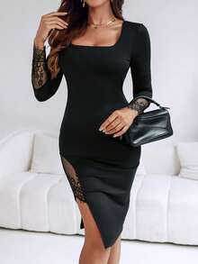 ChicMe Women Square Neck Long Sleeve Lace Patchwork Slit Dress Asymmetrical Hem Bodycon Sexy Chic Evening Party Dress - Black - View 5
