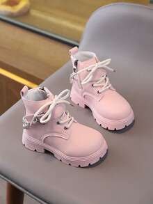 新款圆头儿童靴，休闲复古平底女童踝靴，防滑耐磨大童鞋，女童学生朋克靴 - 粉色 - 查看 5