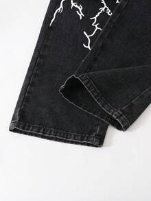 男童休闲街头风闪电雪花印花水洗黑色直筒牛仔裤，春夏新款 - 黑色 - 查看 8