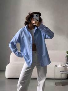 Women's Oversized Striped Light Blue Office Shirt,Women's Korean Style Blouse - Vertical Stripes, Long Sleeve Office & Daily Wear Blue/White Horizontal Stripes Classic Button Front Shirt, Loose Fit Button-Up Top, All-Season Casual Formal Wear, Versatile Fabric, Retro Collar Design, Durable Fabric, Workwear, Breathable Material, Professional Women's Shirt, Women's Blouse