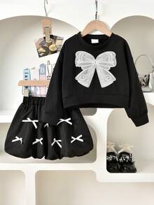 Vihyde Young Girls 2 Pieces Outfit, Cute Long Sleeve Crew Neck Sweatshirt With Big Bow Applique & Bow Decor Bubble Skirt Set - Black and White - View 1