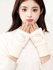 Sanrio 1 par de guantes sin dedos de felpa de Sanrio Hello Kitty, guantes sin dedos de imitación de visón para mujeres, decoración de brillantes de rhinestone, lazo de Hello Kitty con rhinestones brillantes, cálidos y lindos guantes abiertos de los dedos a prueba de frío, guantes de invierno elásticos y cálidos para mujeres, diseño de dibujos animados lindo adecuado para salidas diarias y clima frío, textura suave