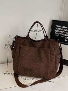 灯芯绒多口袋女士复古手提包，简约单肩/斜挎包，学生书包，办公手提包，大容量可折叠购物袋 - 棕色 - 查看 12