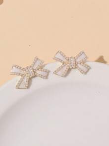 3 件套时尚简约珍珠蝴蝶结耳环和项链首饰套装，适合女孩的礼物